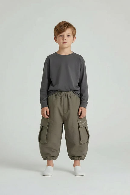 Pantalon Gris Cargo Ample Enfant Décontracté Poches - Kaki Toile