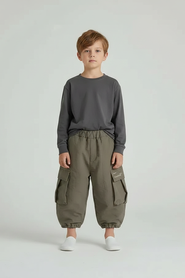 Pantalon Gris Cargo Ample Enfant Décontracté Poches - Kaki Toile