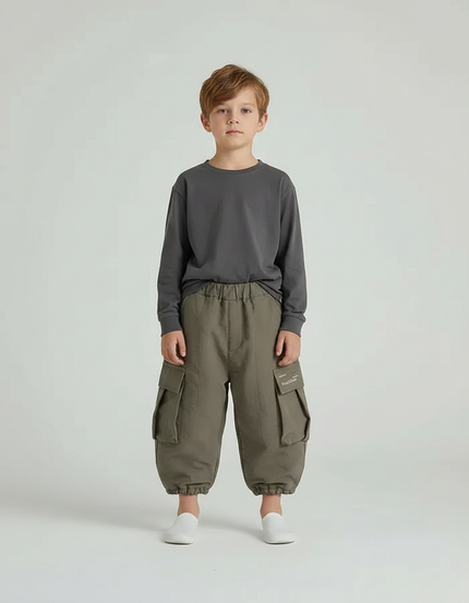 Pantalon Gris Cargo Ample Enfant Décontracté Poches - Kaki Toile