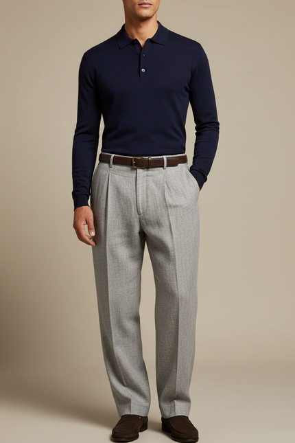 Pantalon Gris Plissé Droit Élégant Homme Laine