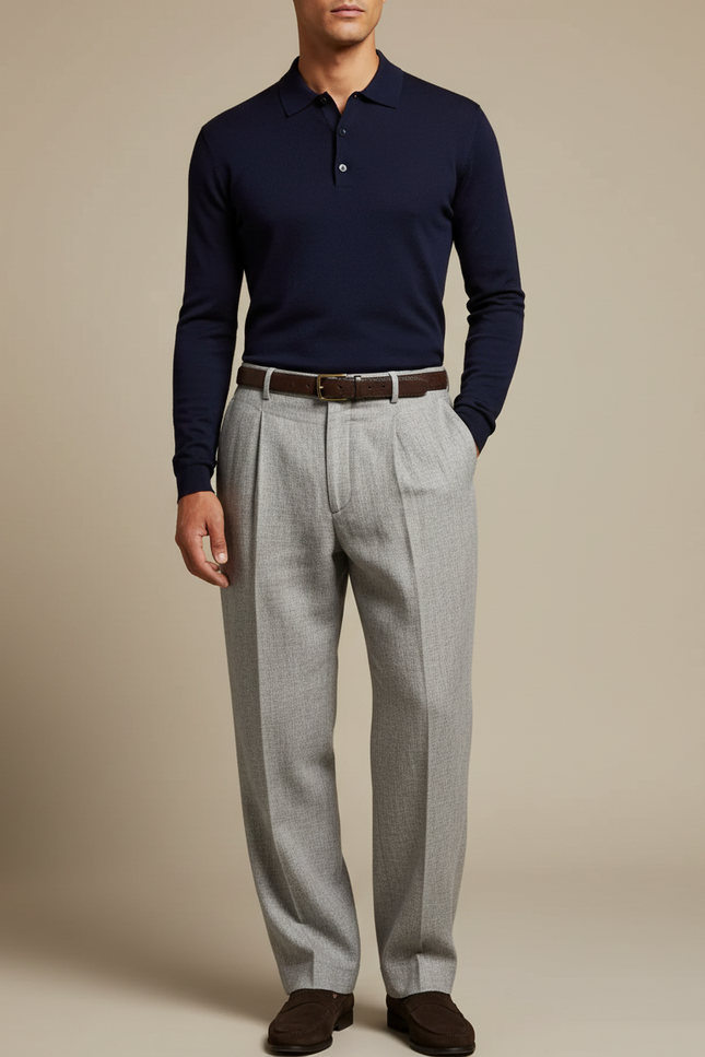 Pantalon Gris Plissé Droit Élégant Homme Laine