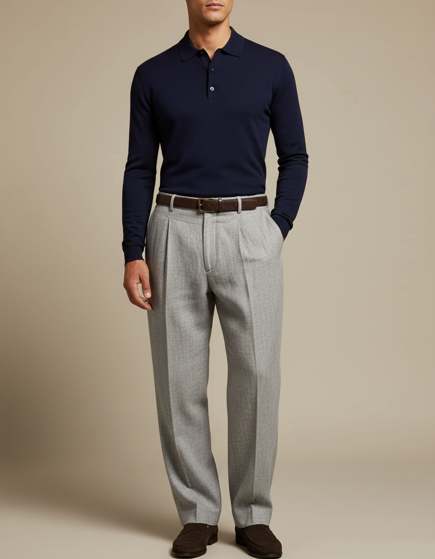 Pantalon Gris Plissé Droit Élégant Homme Laine