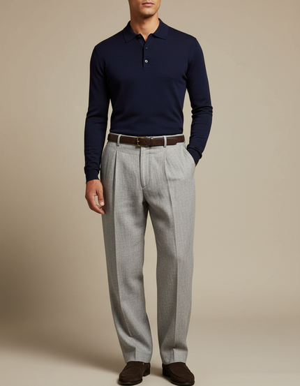 Pantalon Gris Plissé Droit Élégant Homme Laine