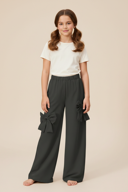 Pantalon Gris Ample Décontracté Nœuds Fille - Polyester