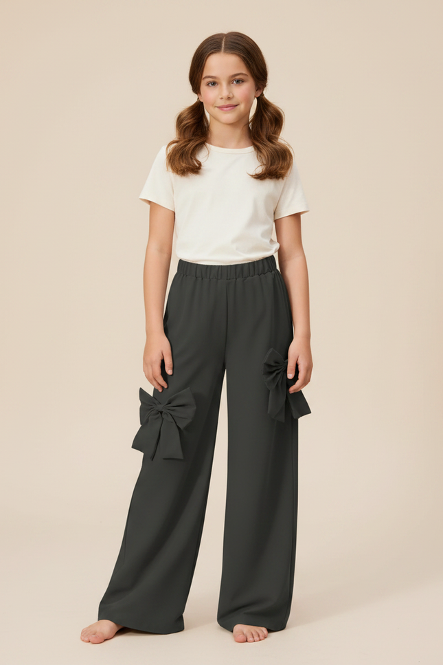 Pantalon Gris Ample Décontracté Nœuds Fille - Polyester