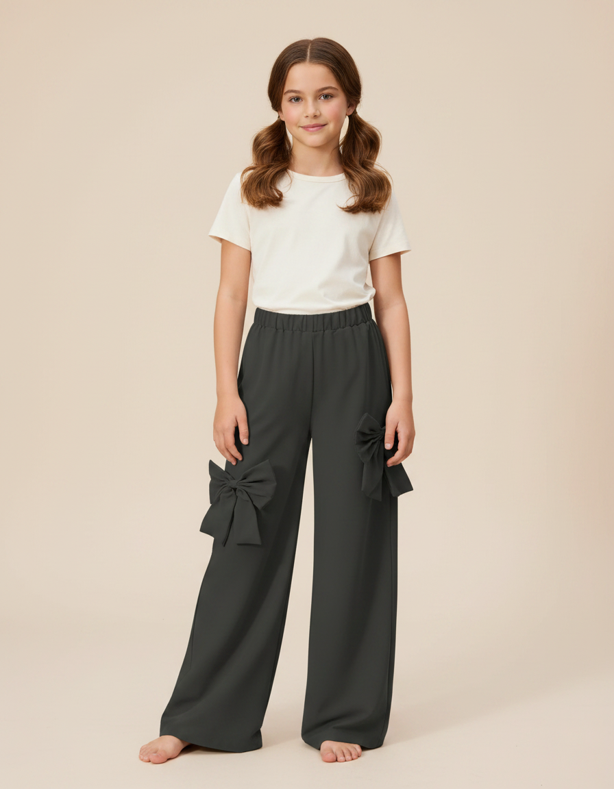 Pantalon Gris Ample Décontracté Nœuds Fille - Polyester
