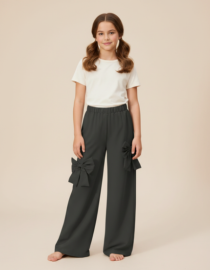 Pantalon Gris Ample Décontracté Nœuds Fille - Polyester