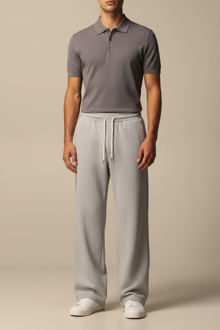 Pantalon Gris Molletonné Ample Droit Décontracté