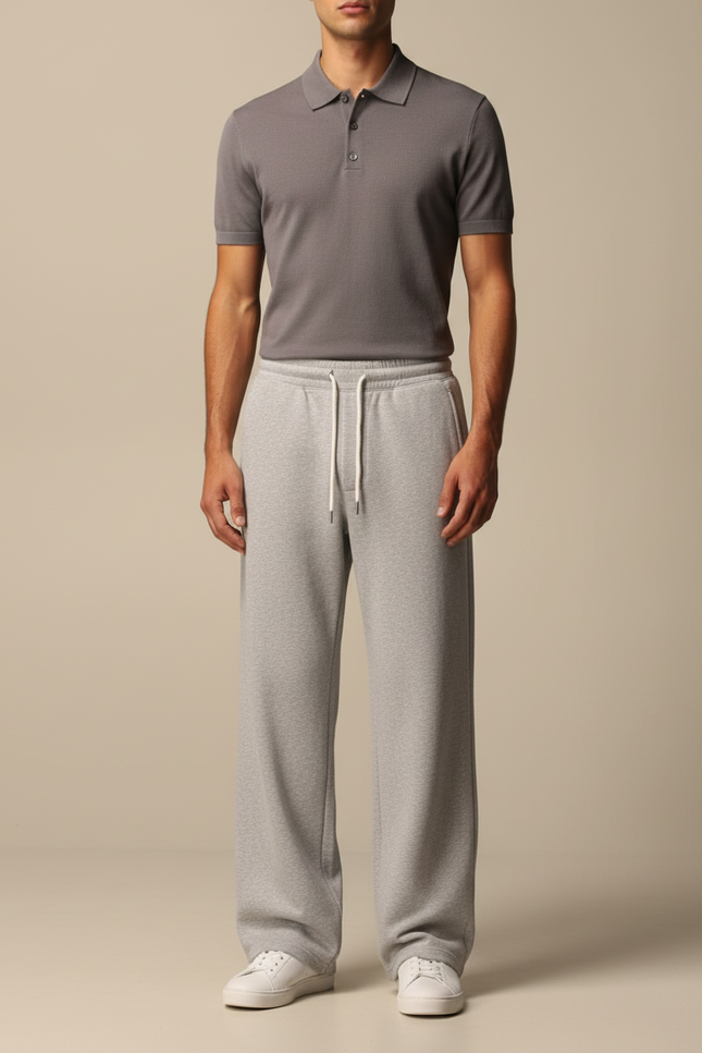 Pantalon Gris Molletonné Ample Droit Décontracté