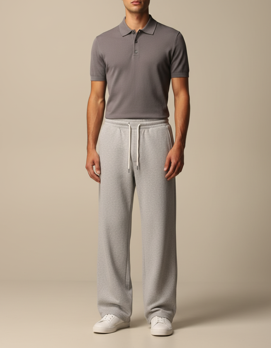 Pantalon Gris Molletonné Ample Droit Décontracté