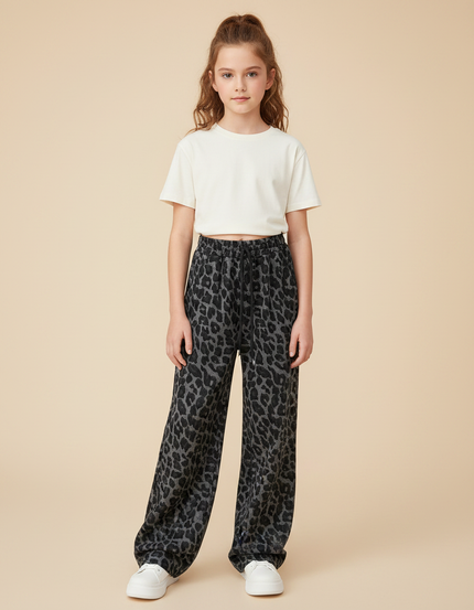 Pantalon Gris Imprimé Léopard Ample Décontracté Enfant - Molleton
