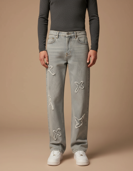 Pantalon Gris Déchiré Droit Ample Y2K Homme - Jean