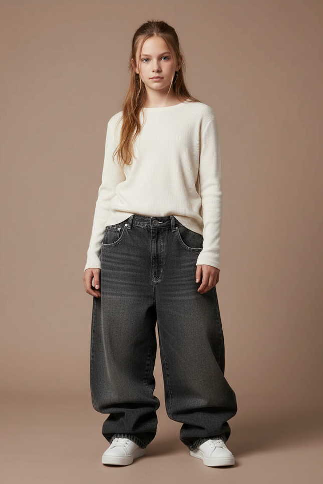 Pantalon Gris Baggy Denim Large Décontracté Ample - Jean