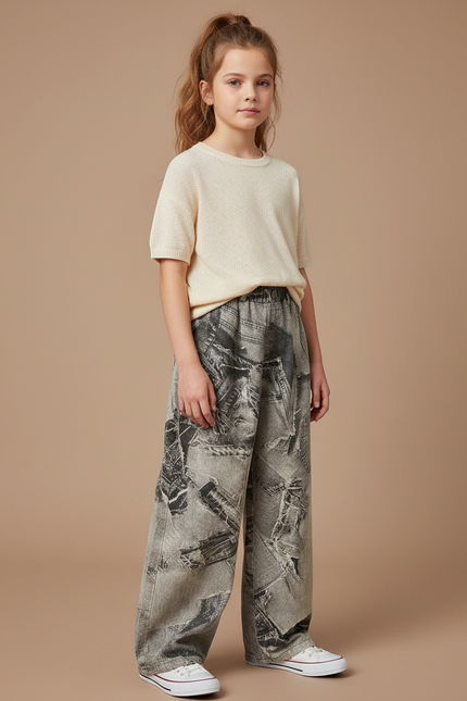 Pantalon Gris Large Imprimé Newspaper Denim Fille - Jean