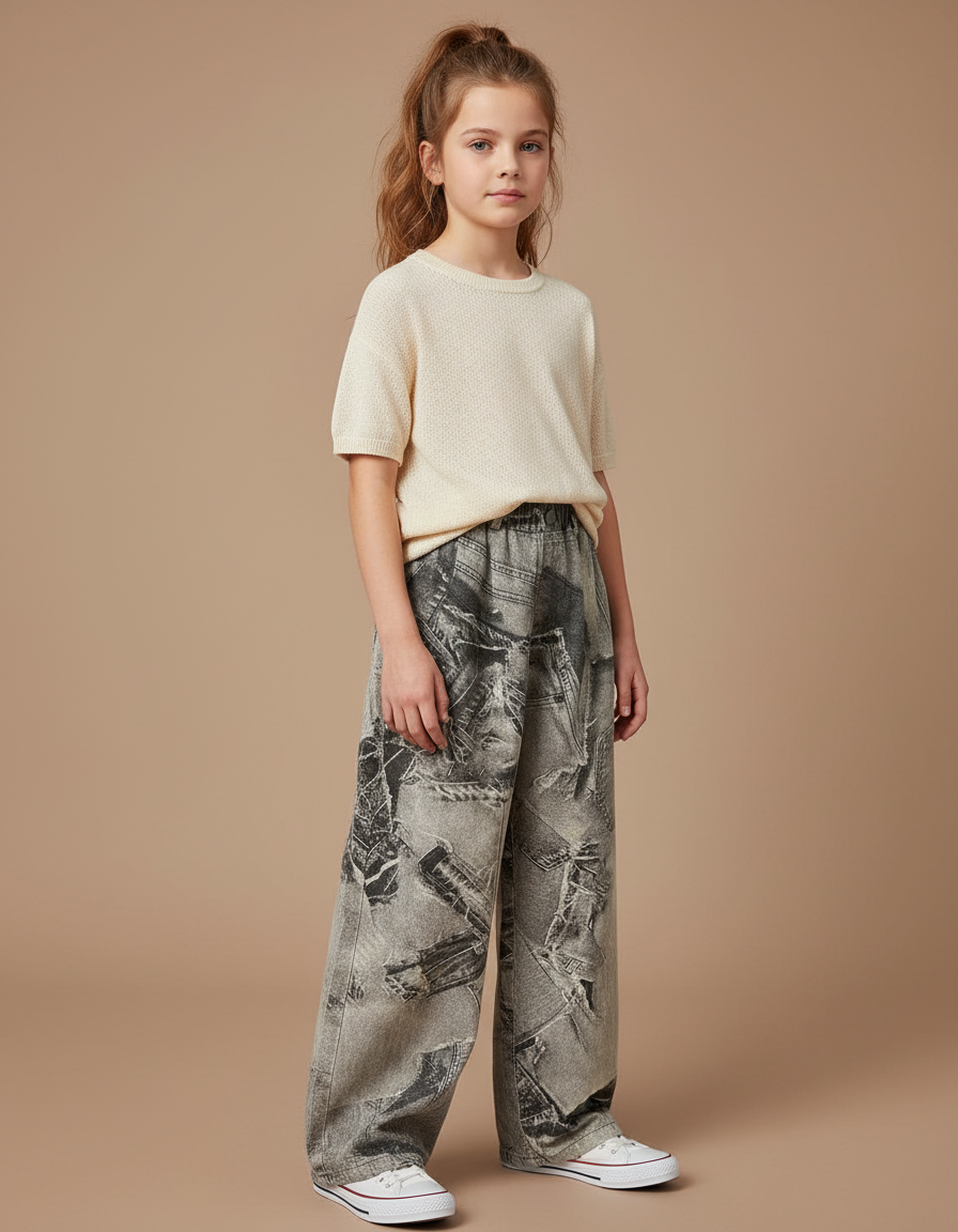 Pantalon Gris Large Imprimé Newspaper Denim Fille - Jean