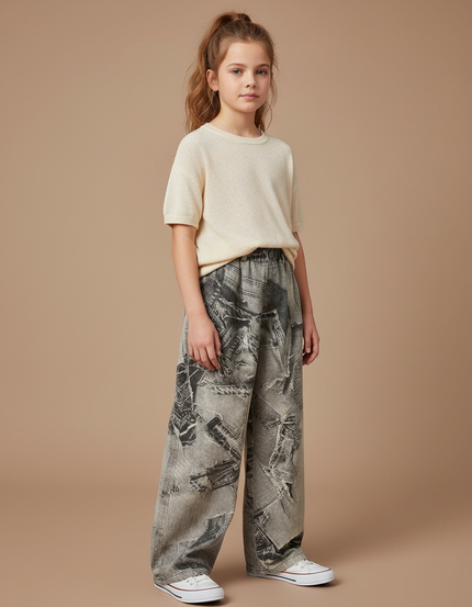 Pantalon Gris Large Imprimé Newspaper Denim Fille - Jean