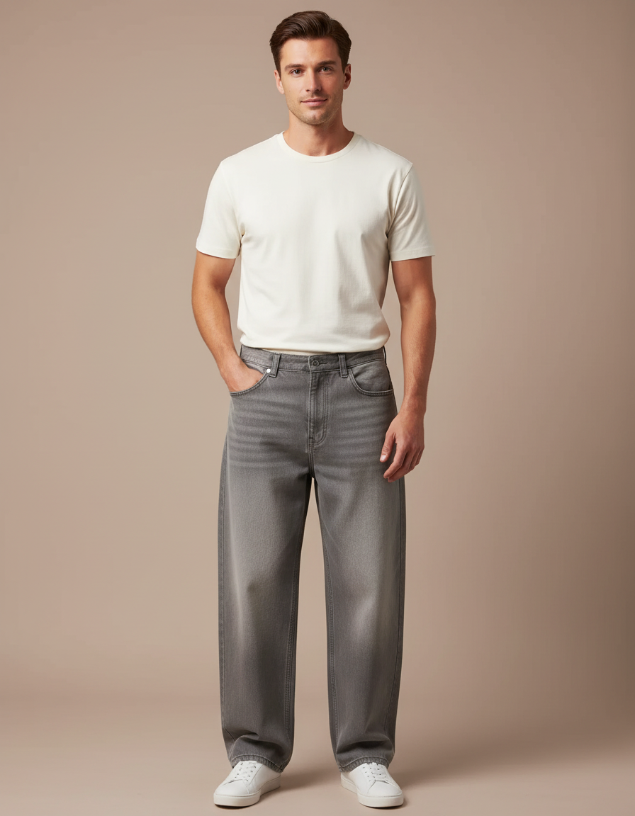 Pantalon Gris Ample Décontracté Homme Coton - Jean