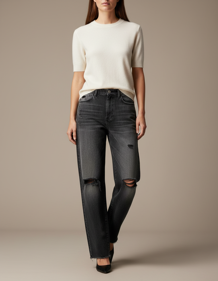 Pantalon Gris Jean Déchiré Ample Femme