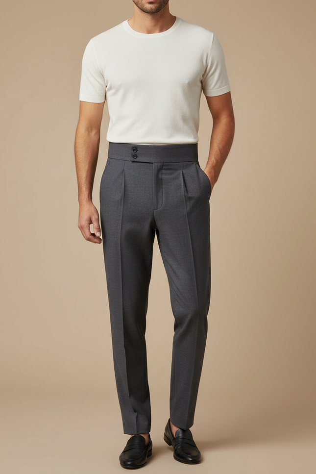 Pantalon Gris Taille Haute Plissé Élégant Classique - Gabardine
