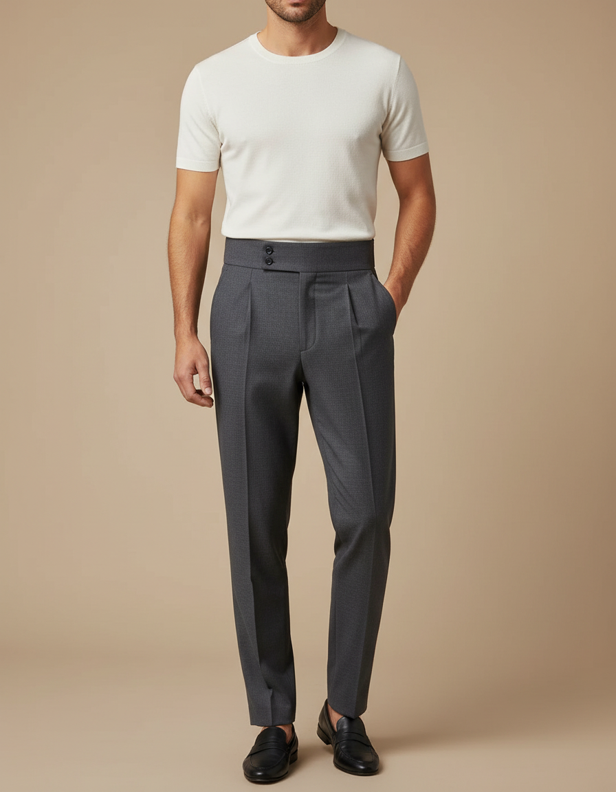 Pantalon Gris Taille Haute Plissé Élégant Classique - Gabardine