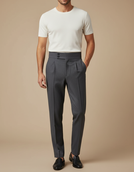 Pantalon Gris Taille Haute Plissé Élégant Classique - Gabardine