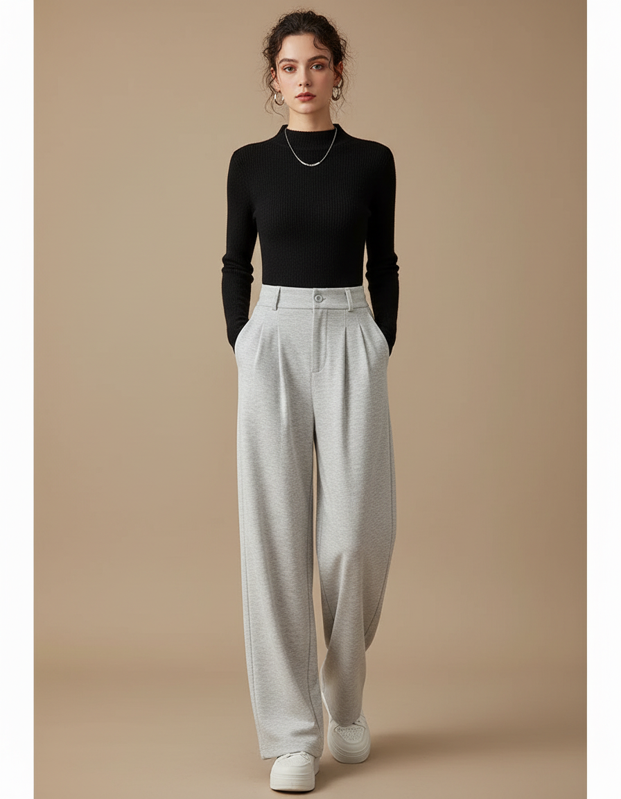 Pantalon Gris Ample Décontracté Molletonné Femme