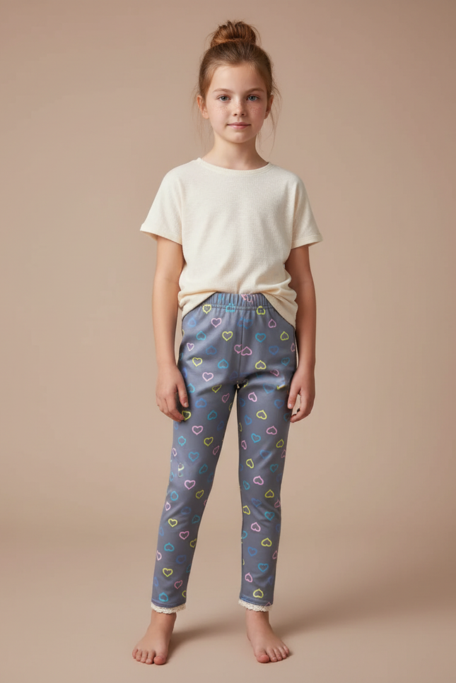 Pantalon Gris Legging Cœurs Colorés Dentelle Fille - Maille