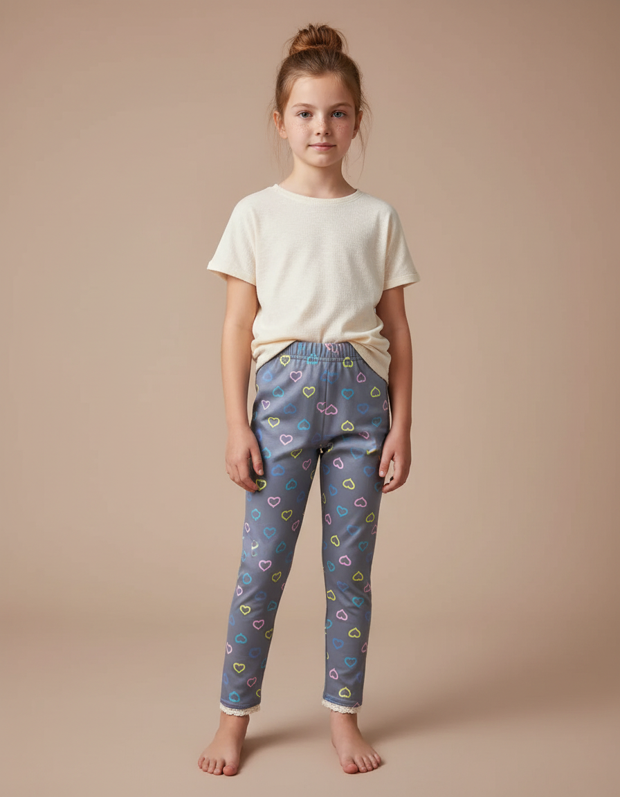 Pantalon Gris Legging Cœurs Colorés Dentelle Fille - Maille