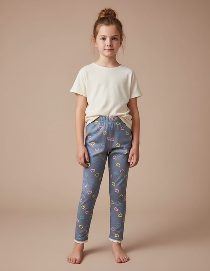 Pantalon Gris Legging Cœurs Colorés Dentelle Fille - Maille