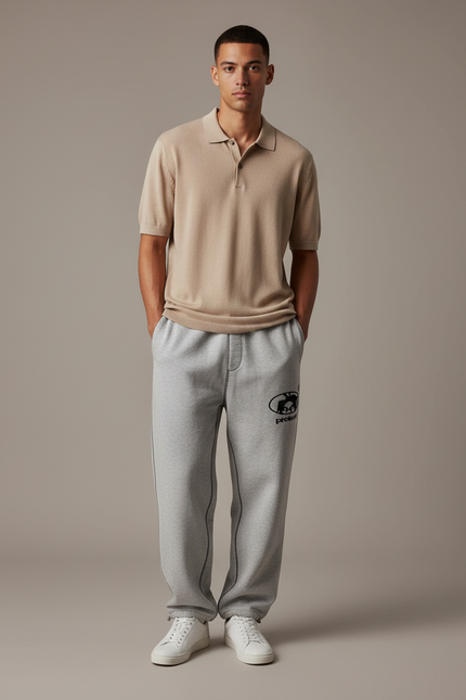 Pantalon Gris Brodé Ample Décontracté Cordon Homme - Molleton