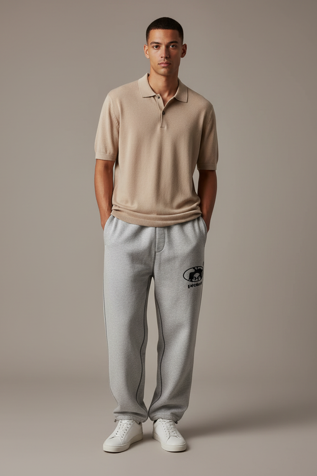 Pantalon Gris Brodé Ample Décontracté Cordon Homme - Molleton
