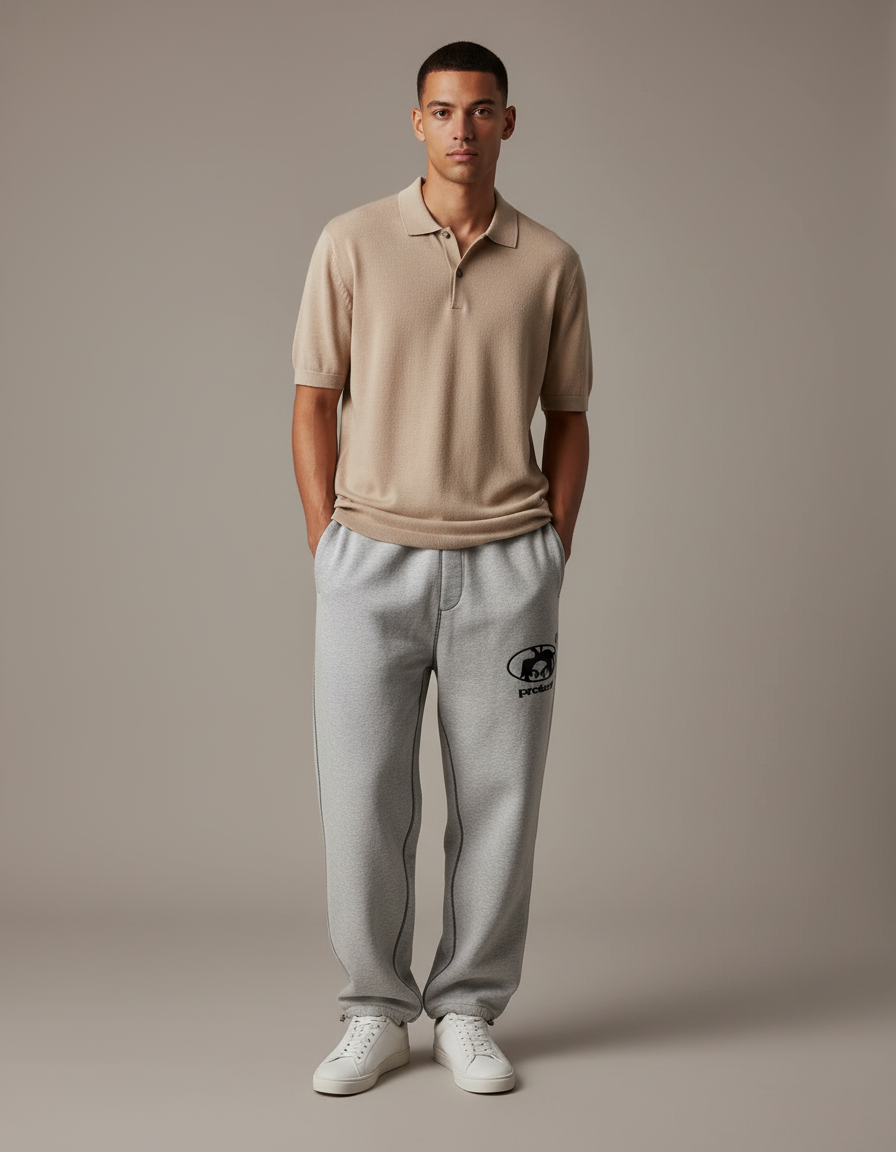 Pantalon Gris Brodé Ample Décontracté Cordon Homme - Molleton