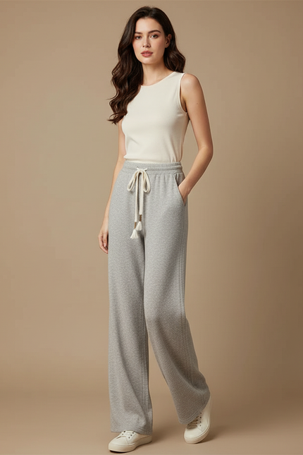 Pantalon Gris Ample Décontracté Coton Molletonné Confortable
