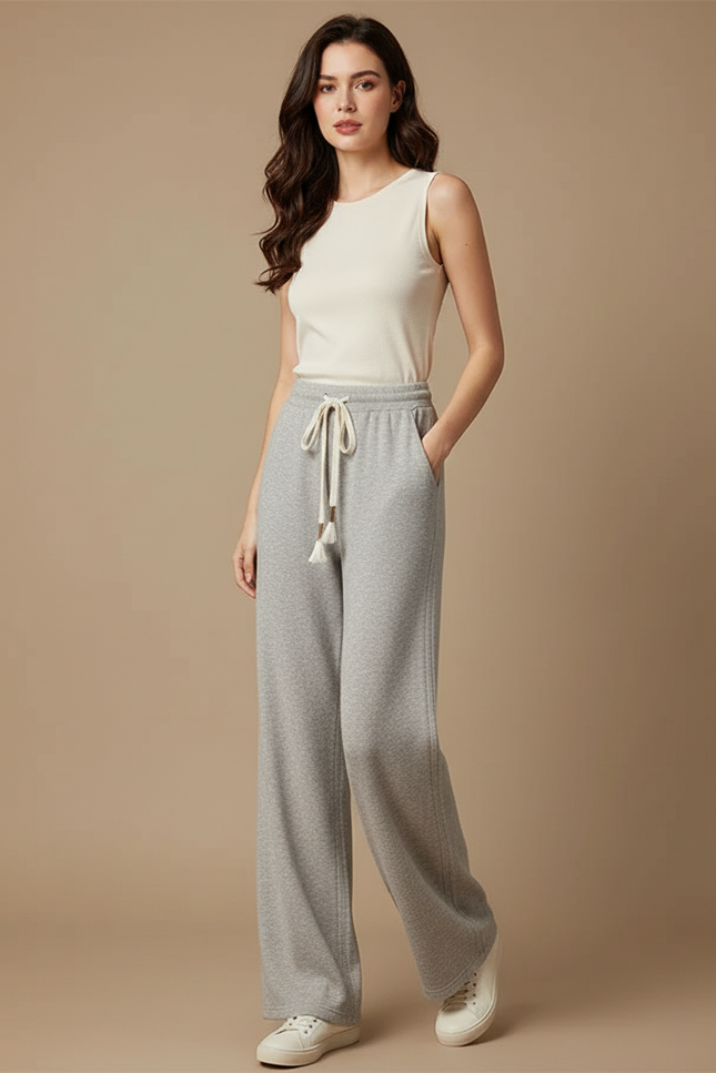 Pantalon Gris Ample Décontracté Coton Molletonné Confortable