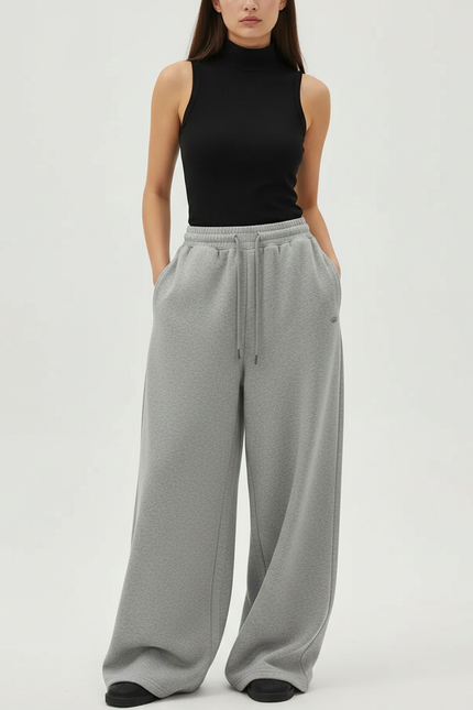 Pantalon Gris Ample Décontracté Coton Molletonné Femme