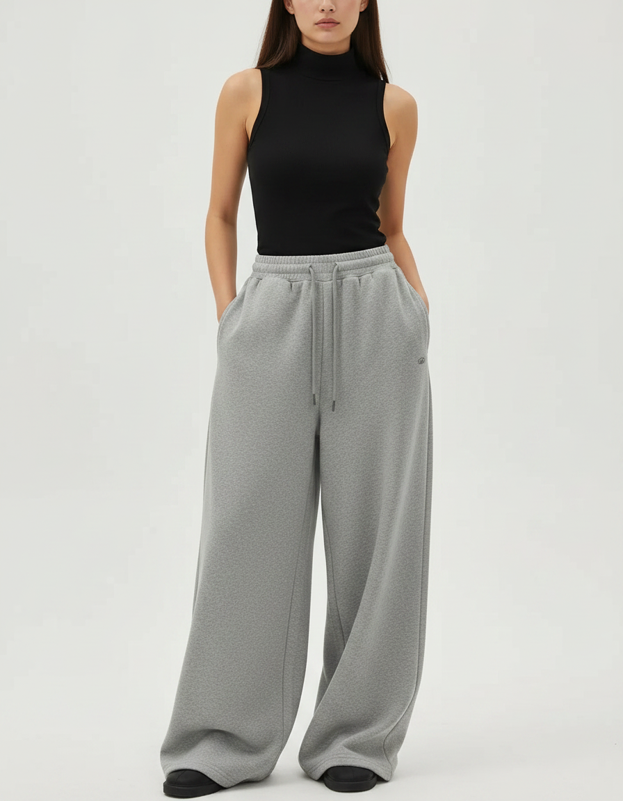 Pantalon Gris Ample Décontracté Coton Molletonné Femme