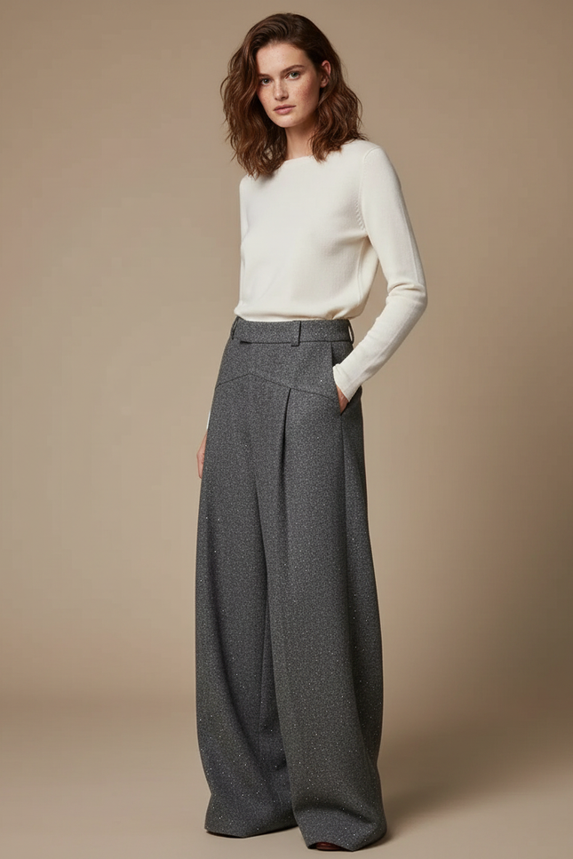 Pantalon Gris Laine Large Plissé Scintillant Femme
