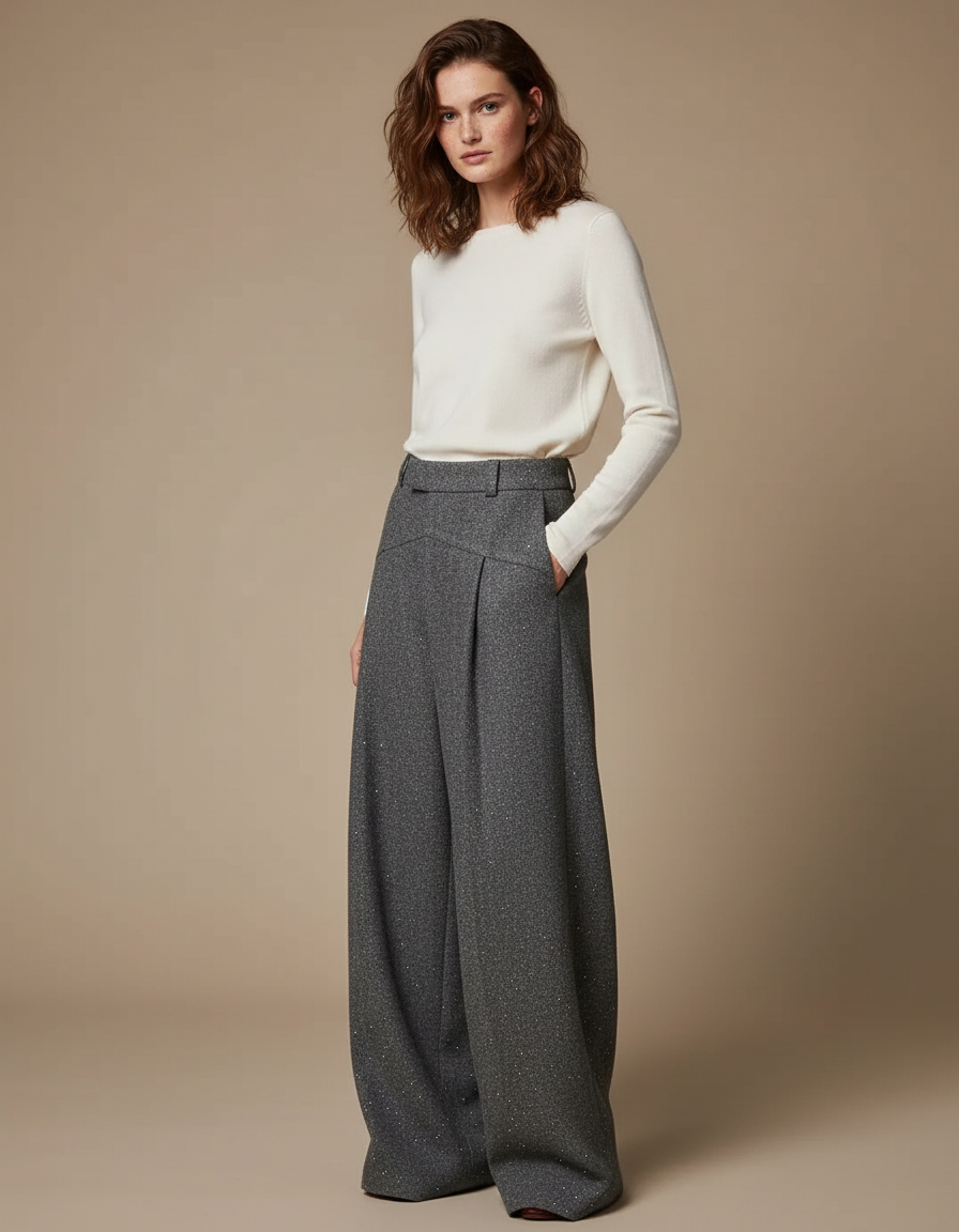 Pantalon Gris Laine Large Plissé Scintillant Femme