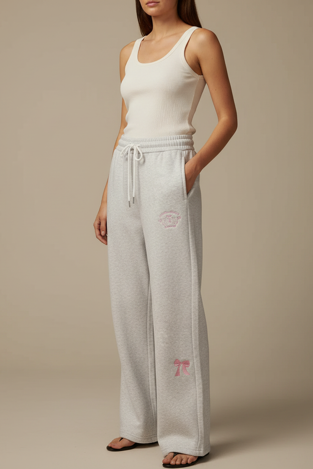 Pantalon Gris Ample Décontracté Brodé Femme - Molleton
