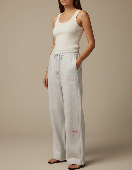 Pantalon Gris Ample Décontracté Brodé Femme - Molleton