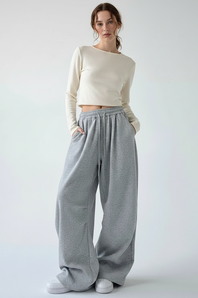 Pantalon Gris Ample Molletonné Sport Cordon Décontracté
