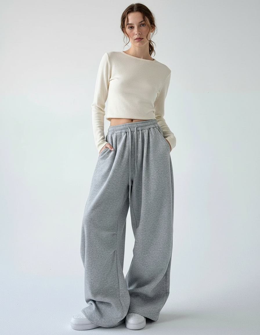 Pantalon Gris Ample Molletonné Sport Cordon Décontracté