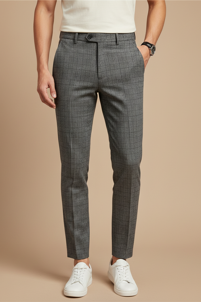 Pantalon Gris Carreaux Slim Habillé Homme Chic - Laine