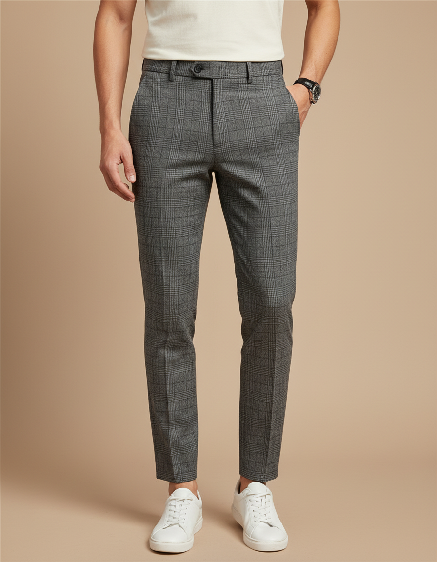 Pantalon Gris Carreaux Slim Habillé Homme Chic - Laine