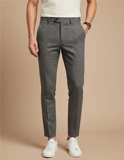 Pantalon Gris Carreaux Slim Habillé Homme Chic - Laine