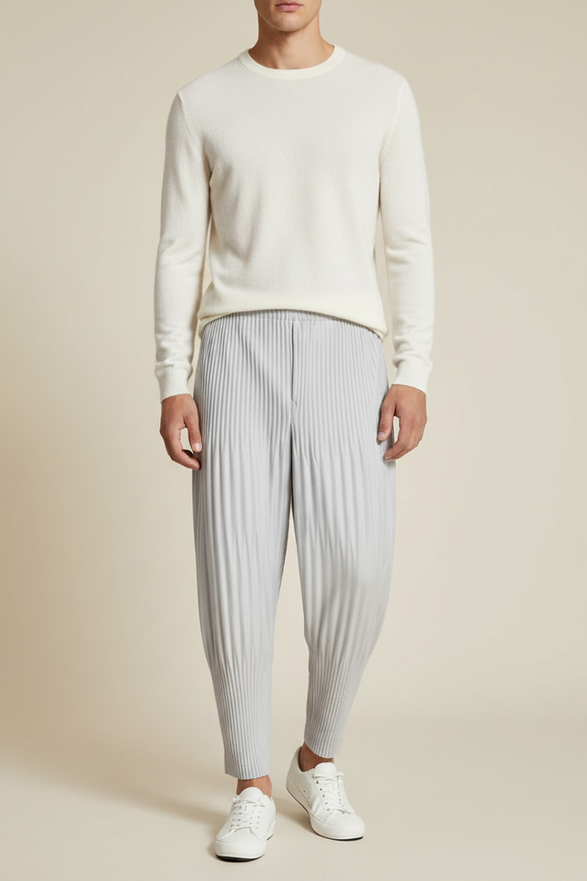Pantalon Gris Plissé Ample Décontracté Homme - Polyester