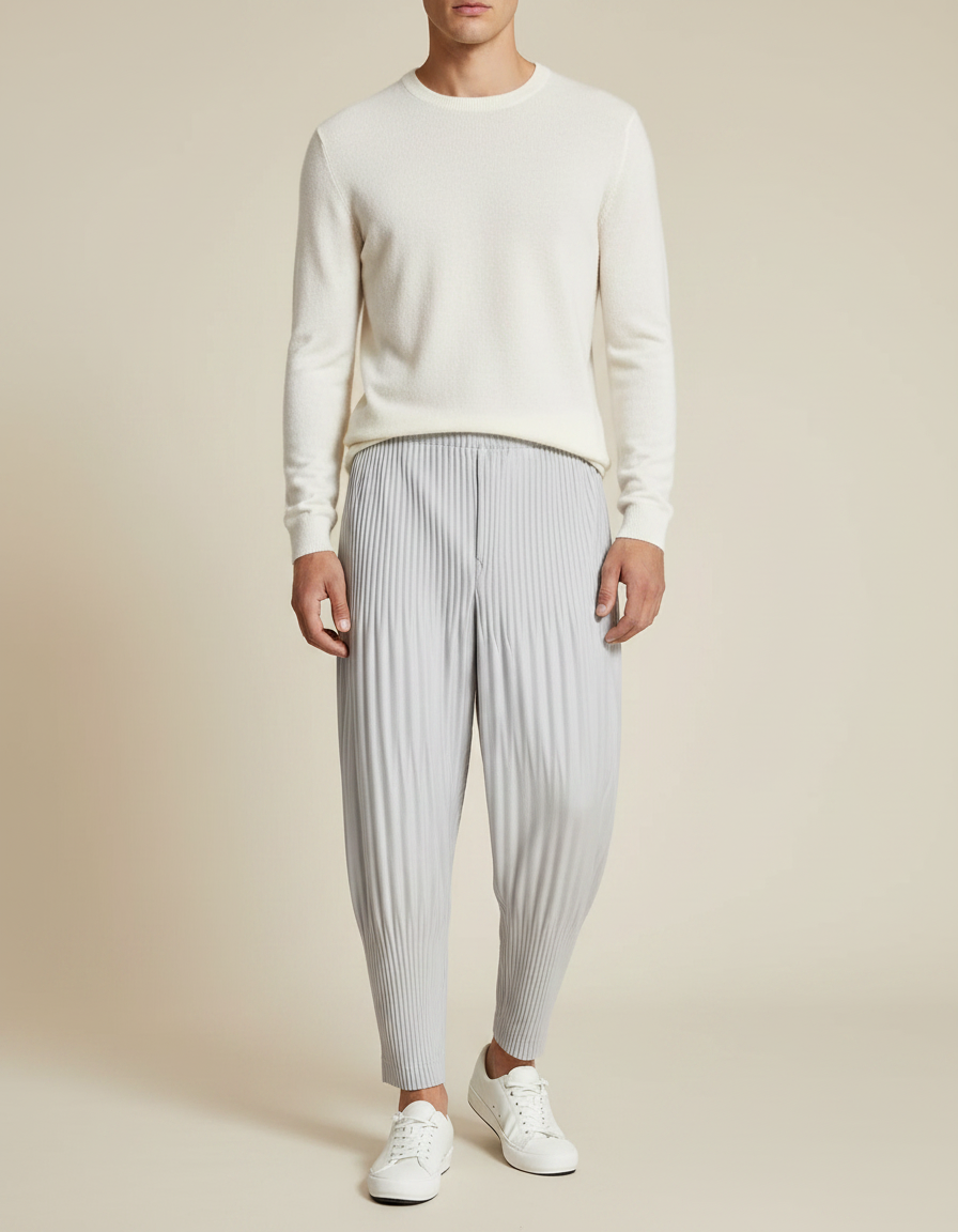 Pantalon Gris Plissé Ample Décontracté Homme - Polyester