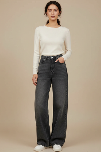 Pantalon Gris Large Délavé Taille Haute Femme - Jean