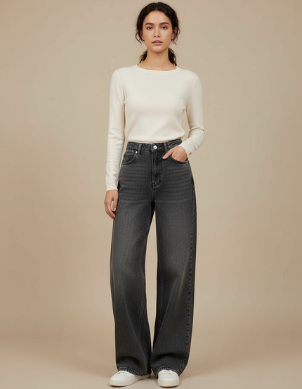 Pantalon Gris Large Délavé Taille Haute Femme - Jean