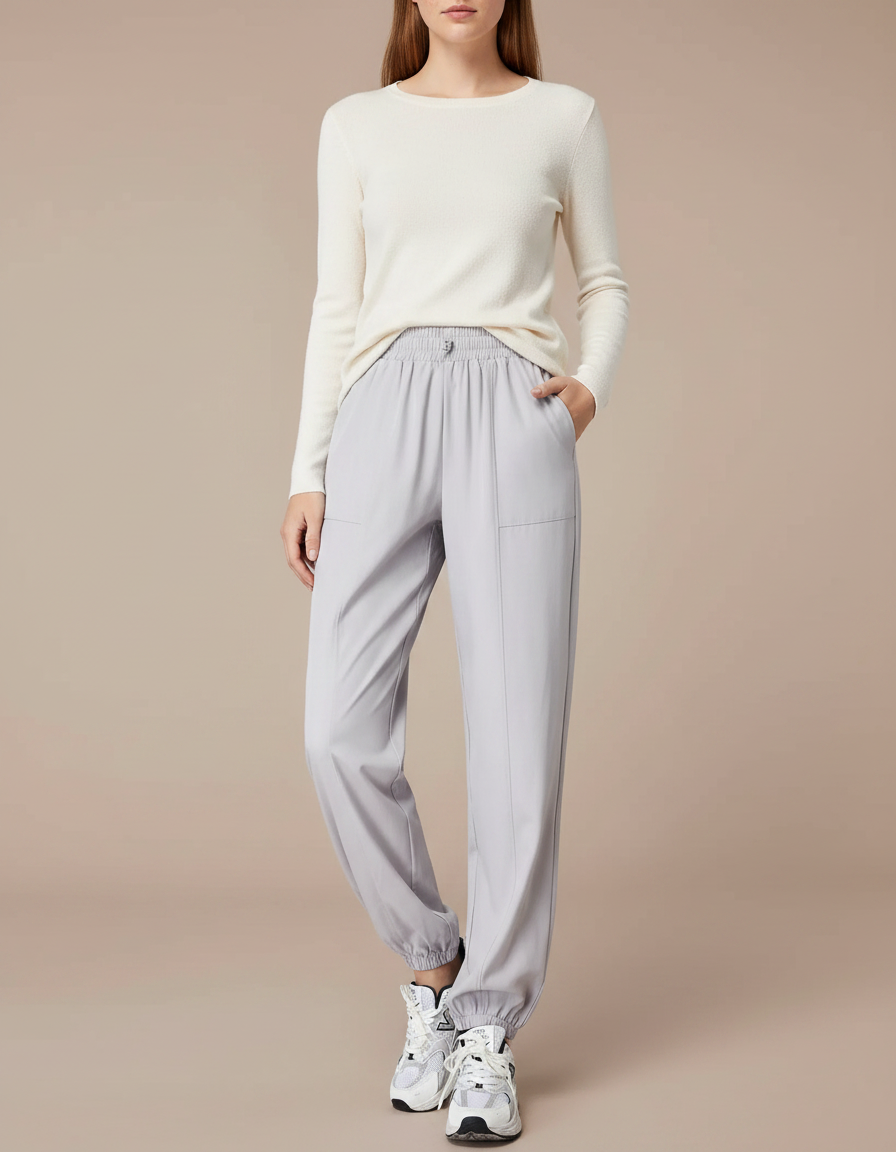Pantalon Gris Tapered Fluide Sport Décontracté Femme - Polyester
